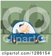 Poster, Art Print Of Modern Flat Design Of A Happy White Businessman Commuting And Driving To Work In A Blue Car In A Green City