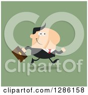 Clipart Of A Modern Flat Design Of A Happy White Businessman Running To Work Over Green Royalty Free Vector Illustration