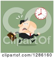 Poster, Art Print Of Modern Flat Design Of A White Businessman Running Late And Glancing At A Clock Over Green