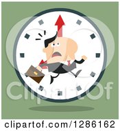 Poster, Art Print Of Modern Flat Design Of A White Businessman Running Late Over A Clock Over Green