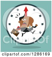 Poster, Art Print Of Modern Flat Design Of A Black Businessman Running Late Over A Clock Over Blue