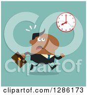 Poster, Art Print Of Modern Flat Design Of A Black Businessman Running Late And Glancing At A Clock Over Blue
