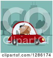 Clipart Of A Modern Flat Design Of A Happy Black Businessman Commuting And Driving To Work In A Red Car In A Blue City Royalty Free Vector Illustration by Hit Toon