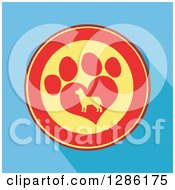 Poster, Art Print Of Modern Flat Design Of A Red And Yellow Circle Of A Silhouetted Dog In A Heart Shaped Paw Print Over Blue With Shadows