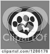 Poster, Art Print Of Modern Flat Design Of A Black And White Circle Of A Silhouetted Dog In A Heart Shaped Paw Print Over Gray With Shadows