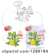 Poster, Art Print Of Cartoon Alligators Or Crocodiles Jumping With Birthday Cakes And Party Balloons