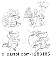 Poster, Art Print Of Black And White Cartoon Alligators Or Crocodiles Jumping Holding Birthday Cake Thumb Up And Santa