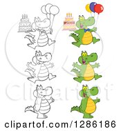 Poster, Art Print Of Cartoon Alligators Or Crocodiles Giving Thumbs Up Jumping And Holding Birthday Cakes