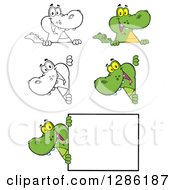 Poster, Art Print Of Cartoon Alligators Or Crocodiles Looking Around And Over Signs