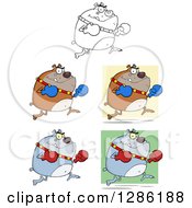 Clipart Of Black And White Brown And Gray Bulldogs With Boxing Gloves Royalty Free Vector Illustration