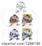 Clipart Of Black And White Brown And Gray Bulldogs Playing American Football Royalty Free Vector Illustration
