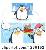Poster, Art Print Of Cartoon Penguins With Snow Talking And Holding Christmas Gifts