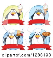 Poster, Art Print Of Cartoon Penguins With Ice Cream Pizza And Fast Food On Labels