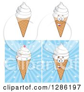 Clipart Of Cartoon Waffle Ice Cream Cones And Characters On White And Blue Rays Royalty Free Vector Illustration