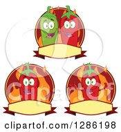 Clipart Of Happy Green And Red Chili Peppers And Flames Labels Royalty Free Vector Illustration