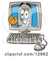 Poster, Art Print Of Wireless Cellular Telephone Mascot Cartoon Character Waving From Inside A Computer Screen