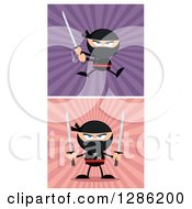 Poster, Art Print Of Cartoon Ninja Warriors Fighting With Katana Swords Over Pink And Purple Rays