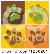 Clipart Of Modern Flat Designs Of Green And Brown Pet Paw Prints And Shadows On Different Colored Tiles Royalty Free Vector Illustration