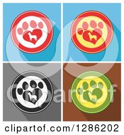 Clipart Of Modern Flat Designs Of Circles Of Silhouetted Dogs In Heart Shaped Paw Prints Over Colorful Tiles With Shadows Royalty Free Vector Illustration
