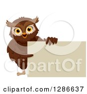 Poster, Art Print Of Happy Brown Owl Pointing To And Holding A Blank Sign Board