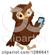 Poster, Art Print Of Brown Owl Walking And Using A Smart Cell Phone