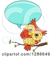 Poster, Art Print Of Cute Orange And Yellow Owl Perched On A Branch Talking And Tilting His Head