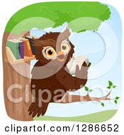 Poster, Art Print Of Happy Brown Owl Looking Back And Reading In A Tree Library