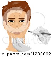 Poster, Art Print Of Brunette White Man With Marks On His Face And A Surgeon Holding A Scalpel For Cosmetic Plastic Surgery