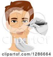 Brunette White Man Getting Marks On His Face In Preparation Of Cosmetic Plastic Surgery