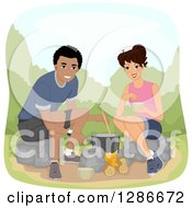 Poster, Art Print Of Happy Brunette White Woman And Black Man Couple Cooking Over A Campfire