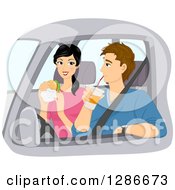 Clipart Of A Happy Asian Woman And Caucasian Man Couple Drinking And Eating Fast Food In A Car Royalty Free Vector Illustration by BNP Design Studio