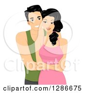Poster, Art Print Of Happy Young Asian Man Hugging His Girlfriend From Behind