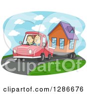 Poster, Art Print Of Cartoon Caucasian Couple Driving And Towing A Tiny House