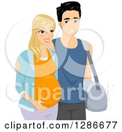 Poster, Art Print Of Happy Blond White Pregnant Woman And Her Asian Husband Walking