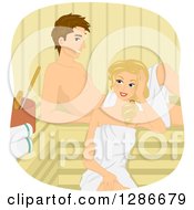 Happy Brunette White Man And Blond Woman Relaxing In A Sauna