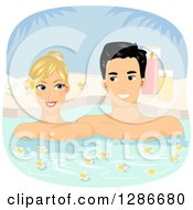 Happy Blond White Woman And Asian Man Couple Soaking In A Fragrant Outdoor Bath