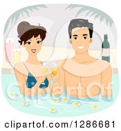 Clipart Of A Happy Brunette White Woman And Asian Man Couple Soaking And Cheering With Champagne In A Fragrant Outdoor Bath Royalty Free Vector Illustration
