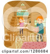 Poster, Art Print Of Happy Red Haired Caucasian Stick Couple Unloading Groceries In Their Tiny House