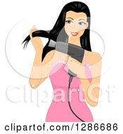 Poster, Art Print Of Pretty Young Asian Woman Blow Drying Her Hair
