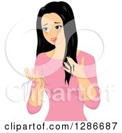 Poster, Art Print Of Upset Young Asian Woman Discovering Her Hair Falling Out