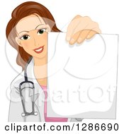 Clipart Of A Young Brunette White Female Docrot Holding Out A Piece Of Paper Royalty Free Vector Illustration by BNP Design Studio