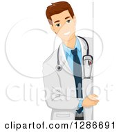 Clipart Of A Young Brunette White Male Doctor Looking Around A Sign Royalty Free Vector Illustration by BNP Design Studio