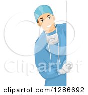 Poster, Art Print Of Young Brunette White Male Doctor Surgeon Looking Around A Sign