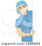 Clipart Of A Young Brunette White Male Doctor Surgeon Or Patient In Scrubs Looking Around A Sign Royalty Free Vector Illustration by BNP Design Studio