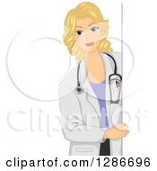 Clipart Of A Happy Blond White Female Doctor Looking Around A Sign Royalty Free Vector Illustration by BNP Design Studio