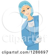 Poster, Art Print Of Happy Young White Female Doctor Surgeon In Scrubs Looking Around A Sign