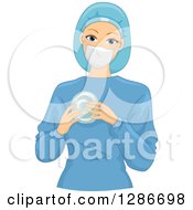 Clipart Of A Happy Young White Female Doctor Plastic Surgeon In Scrubs Holding A Silicon Breast Implate Royalty Free Vector Illustration by BNP Design Studio