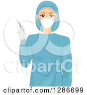 Clipart Of A Happy Young White Female Doctor Surgeon In Scrubs Holding A Syringe Royalty Free Vector Illustration