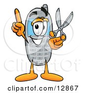 Wireless Cellular Telephone Mascot Cartoon Character Holding A Pair Of Scissors