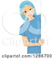 Clipart Of A Happy Young White Female Doctor Surgeon Or Patient In Scrubs Smiling Around A Sign Royalty Free Vector Illustration by BNP Design Studio